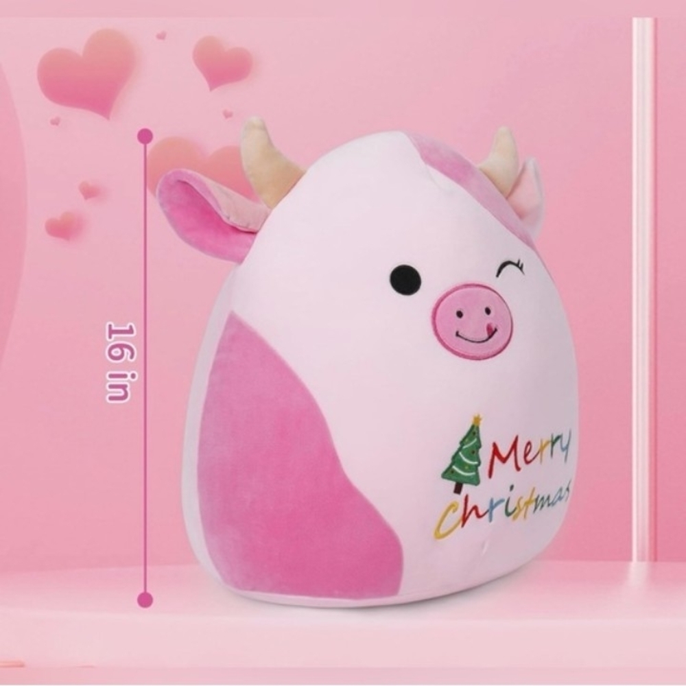 NEW 16” Merry Christmas Pink Soft Squishy Stuffed Cow Plush Pillow Toy - Picture 3 of 5